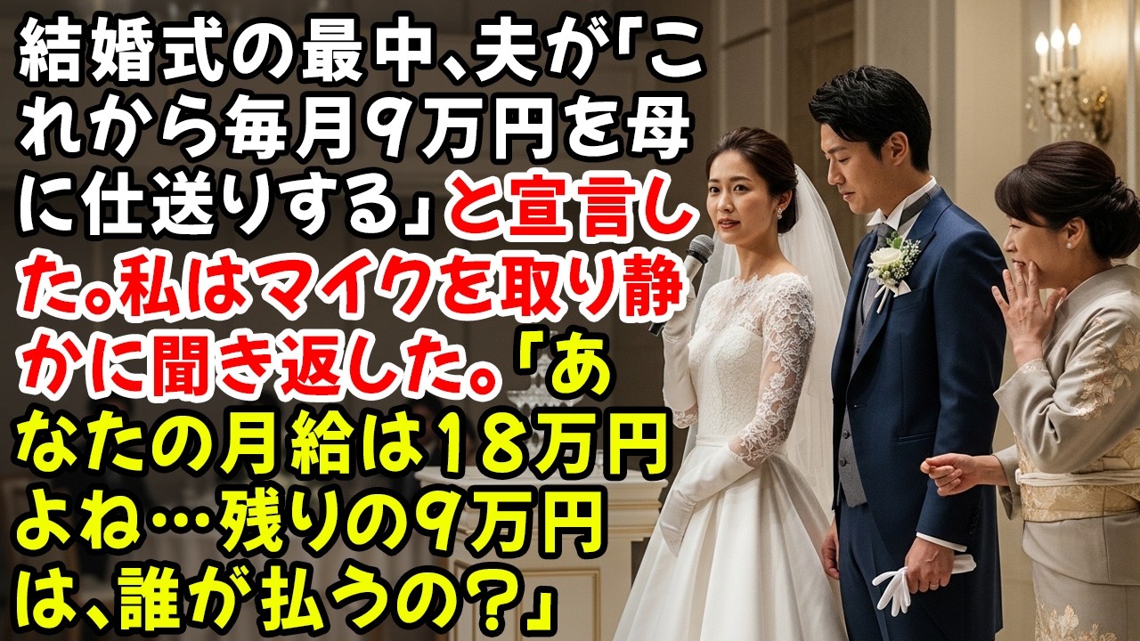 結婚式の最中、夫が「これから毎月9万円を母に仕送りする」と宣言した。私はマイクを取り静かに聞き返した。「あなたの月給は18万円よね…残りの9万円は、誰が払うの？」