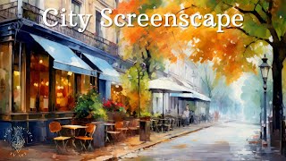 Autumn in the City Tv Art, Streetscape Art Screen Saver, Vintage Oil Painting, City Background