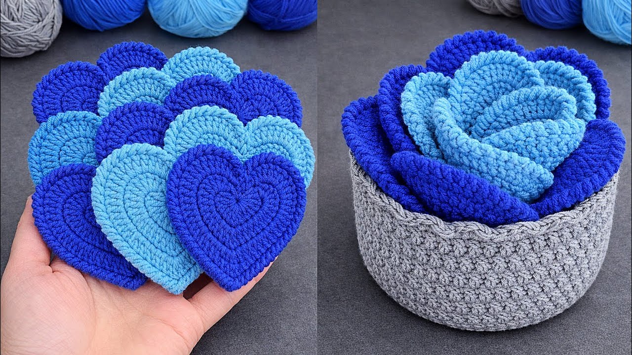 WOW! 😍 3 in 1 Crochet Heart Coasters ❤️ Super Easy & Colorful Coffee Cup Mat Idea | Make & Sell 💰