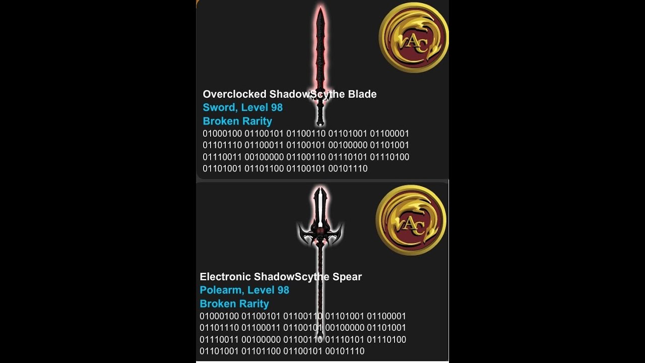 [AQW] New drop Overclocked ShadowScythe Blade & Electronic ShadowScythe Spear 0 AC Broken Rarity