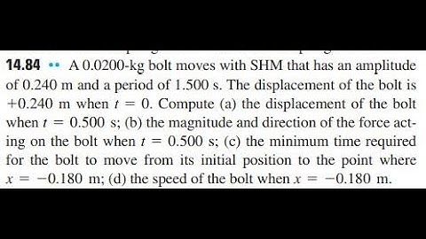 A 0.0200 -kg bolt moves with SHM that has an amplitude of 0.240 and a period of 1.500 . The