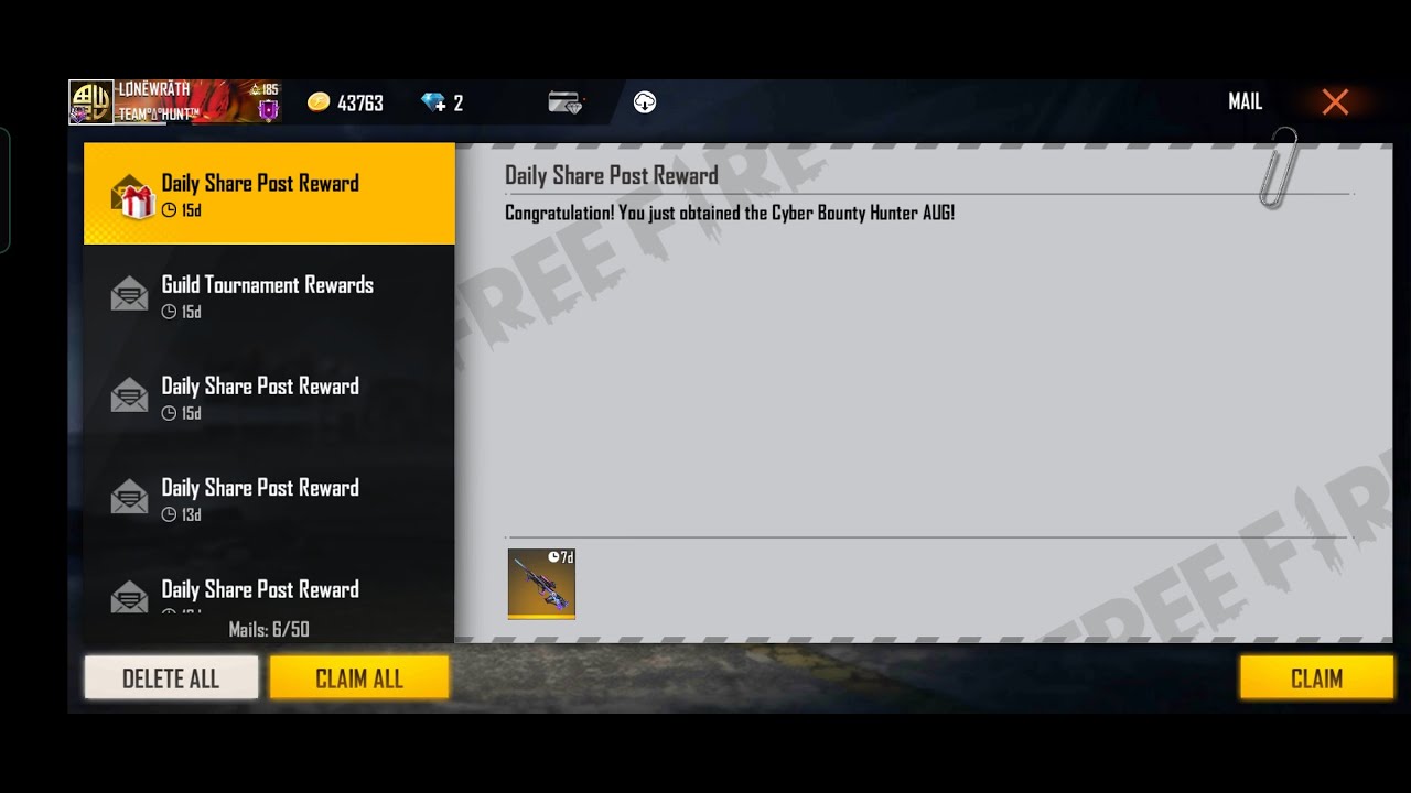 Free fire redeem code for  cyber bounty hunter aug for 7 days