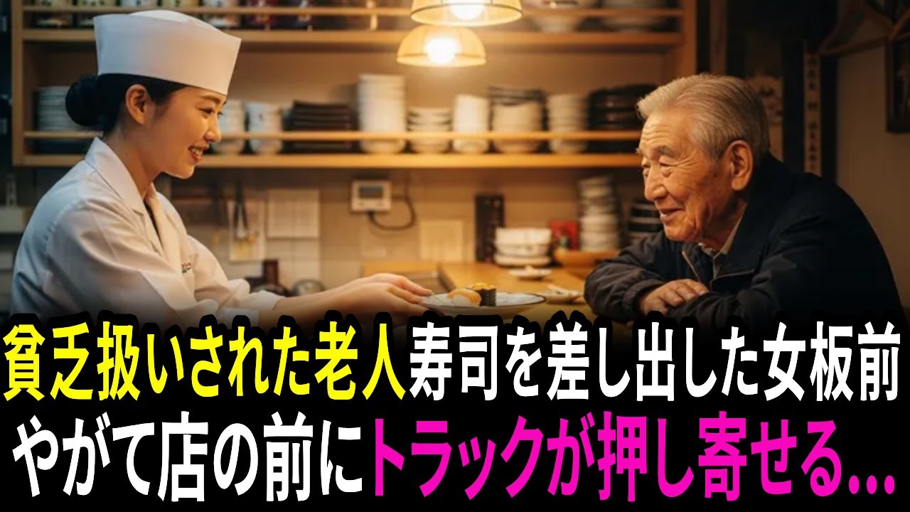 貧乏扱いされた老人へ寿司を差し出した女板前 / やがて店の前にトラックが押し寄せる…