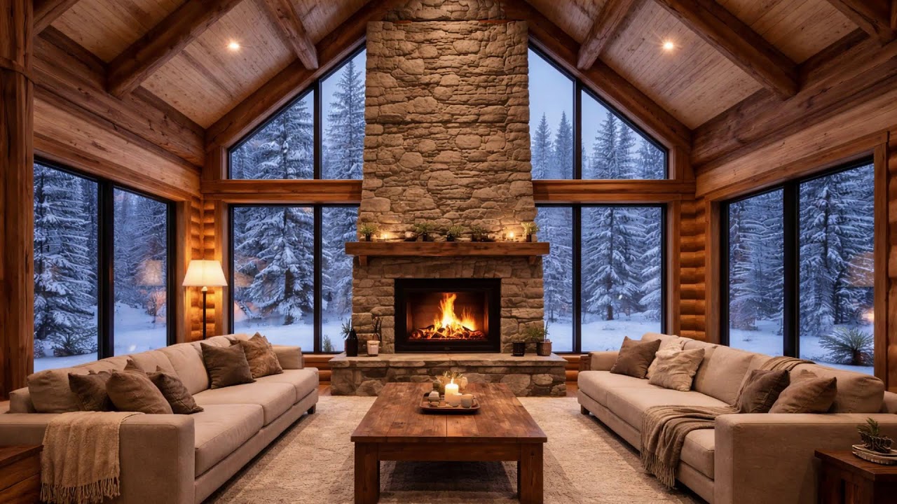 Snow Outside the Alpine Town  Cozy Fireplace Study and Focus Sessions
