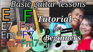 Basic Guitar Lessons/Tutorial for Beginners. Chords E, E7, Em, Em7, F, Fm, F7, Fm7. Beginner Guitar Lesson The E E7 Em Chords