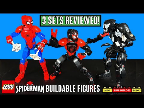 YouTube thumbnail: EARLY REVIEW: LEGO SPIDER-MAN, MILES MORALES, and VENOM BUILDABLE FIGURES (76225, 76226, 76230)