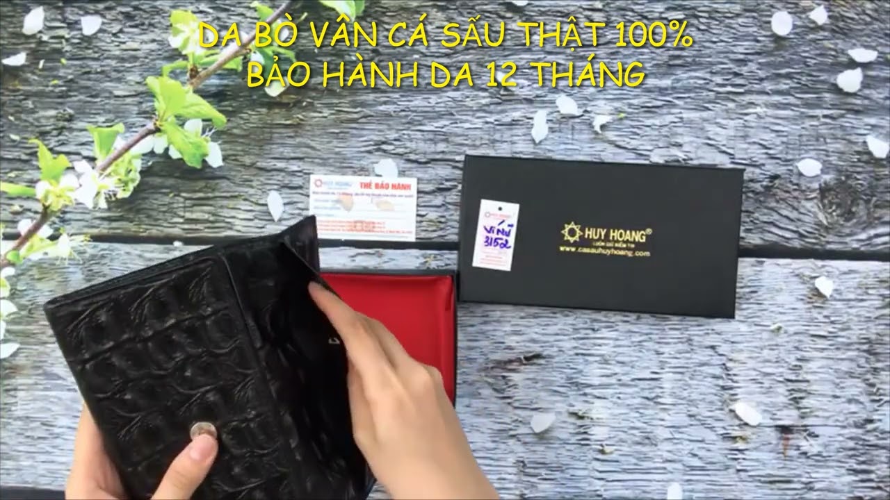 Ví/Bóp nữ da bò Huy Hoàng vân cá sấu lớn 3 gấp màu đen... - youtube