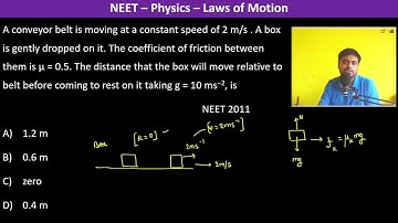 A conveyor belt is moving at a constant speed of 2 m/s . A box is gently dropped on it. The