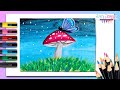 Cómo dibujar un PAISAJE Mariposa y Hongo con acuarela - dibujos fáciles paso a paso