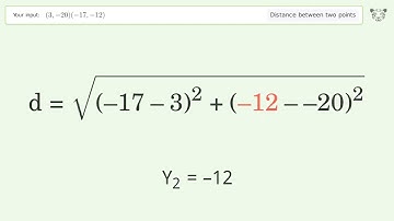 Find the distance between two points p1 (3,-20) and p2 (-17,-12): Step-by-Step Video Solution