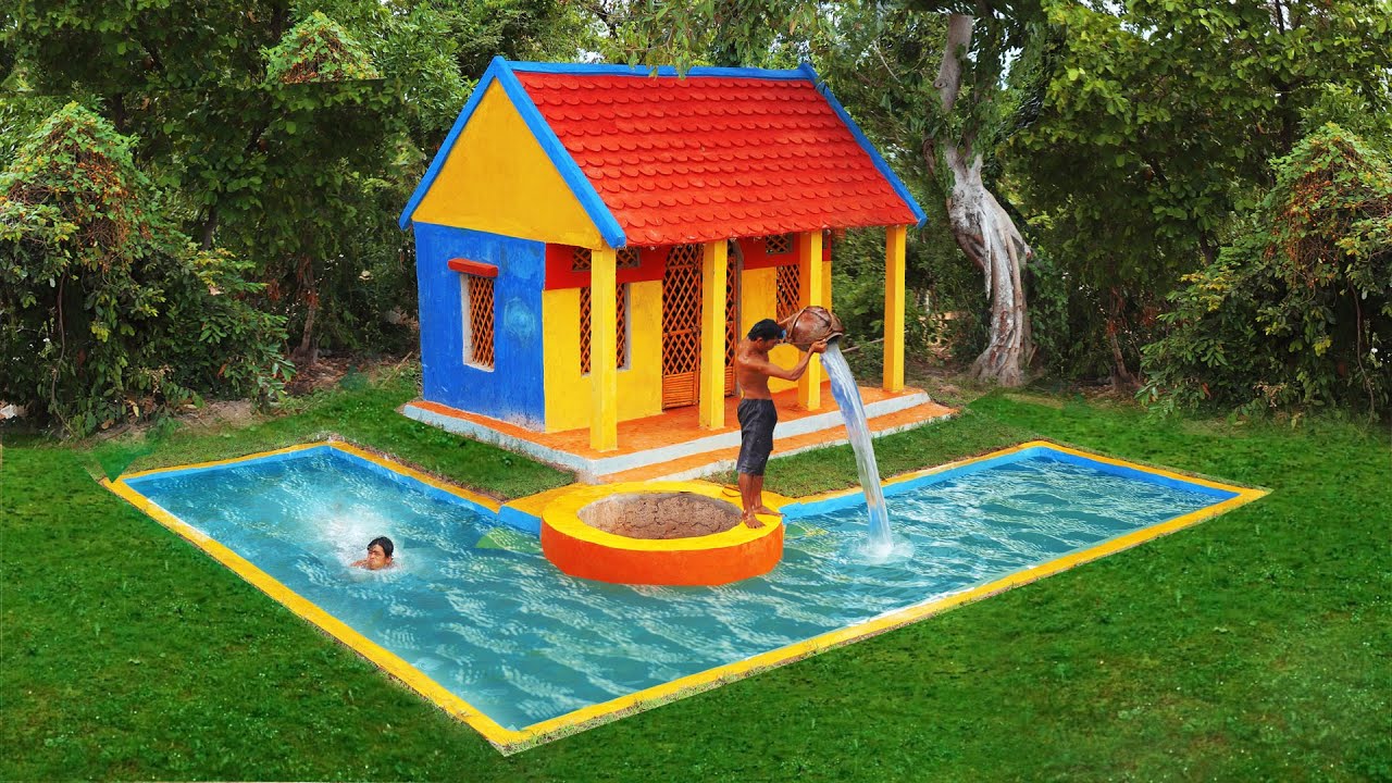 Build Creative Normal Mud House With Swimming Pool & Water Well Design In Forest