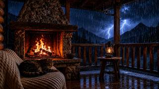 LIVE 🔴 Ultimate Cozy Cabin Night ⛈️ Heavy Rain, Thunder, Fireplace & Sleeping Cat
