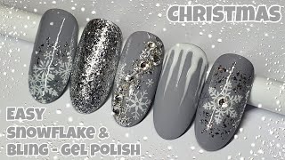❄ EASY CHRISTMAS SNOWFLAKE DESIGN | Grey Silver Bling | Gel polish nail art tutorial | Beginner