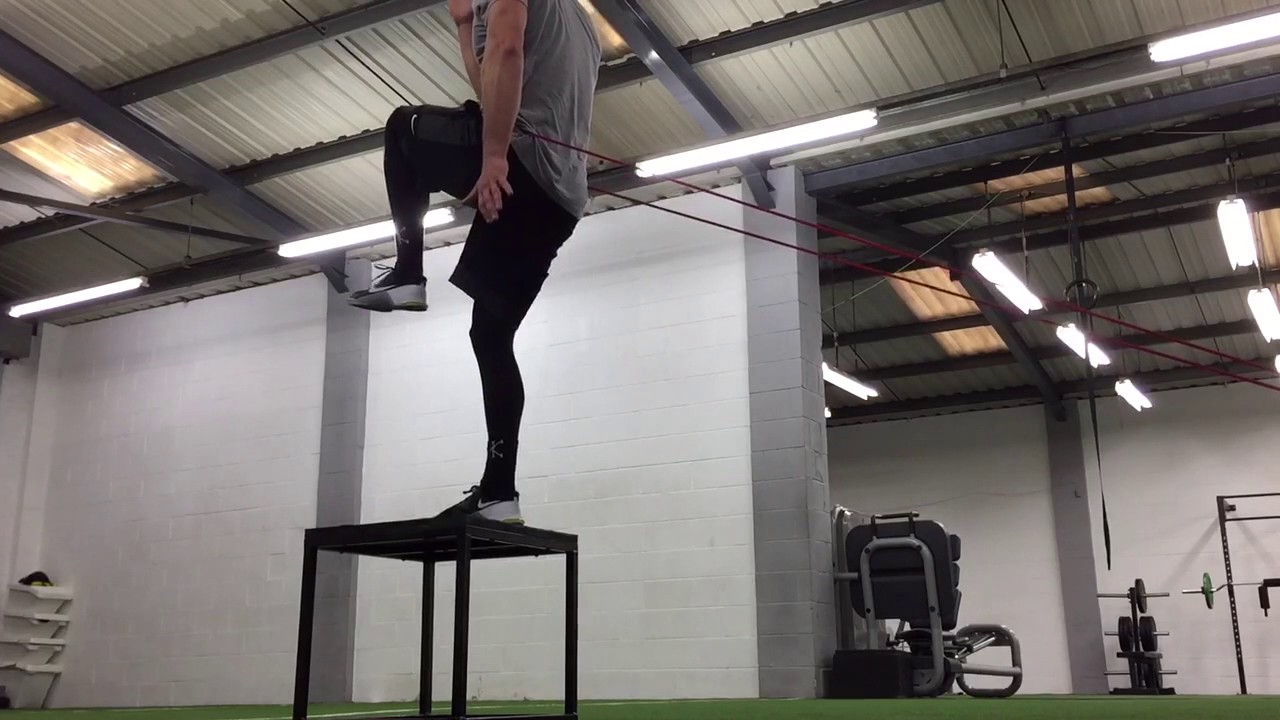 Step up quick with knee raise under band resistance YouTube