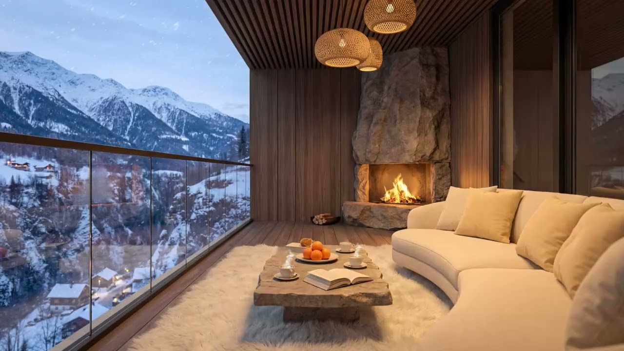 Fireplace Winter Jazz Music in Calm Morning ❄ Cozy Porch Ambience with Snowfall to Study & Work