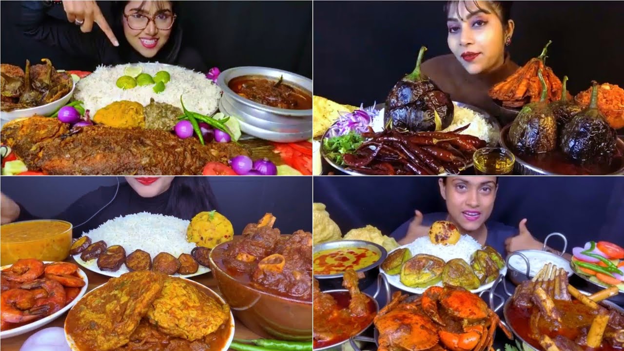 Asmr Eating Spicy🔥 Baingan Bharta Whole Fish Curry Omelette Curry Mutton Kosha 🦀 Curry Dal Chawal 😋