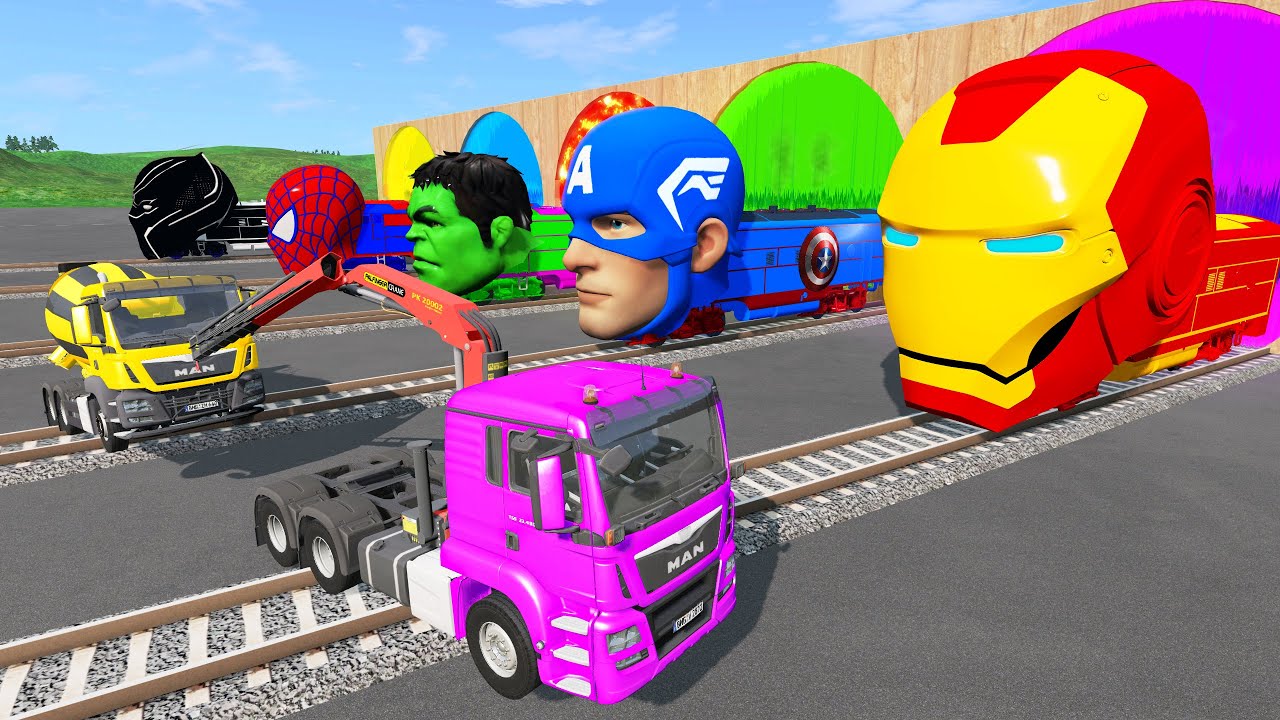 Monster Trucks Flatbed Long Trailer Truck Car Rescue Bus - Big & Small Cars - Cars vs Deep Water