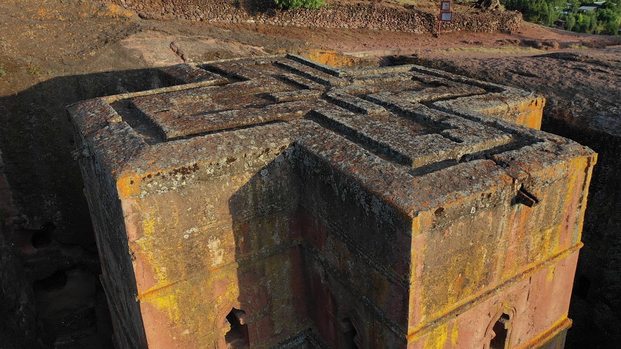 4K Aerial view of the rock-cut church of Saint George, Amhara Region, Lalibela, Ethiopia