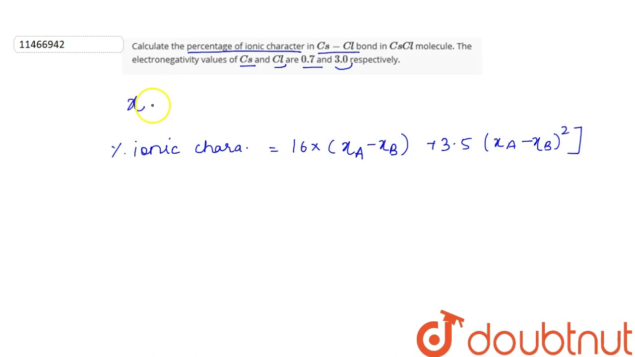 Calculate the percentage of ionic character in Cs-Cl bond in CsCl molecule. The electronegativit...
