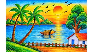Beautiful Village Sunset Scenery Drawing | Easy House, River & Trees | Step by Step for beginners