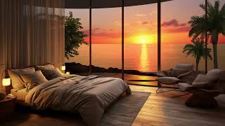 Relaxing bedroom with sea view | Relaxing environmental sounds | Summer sunset at the sea