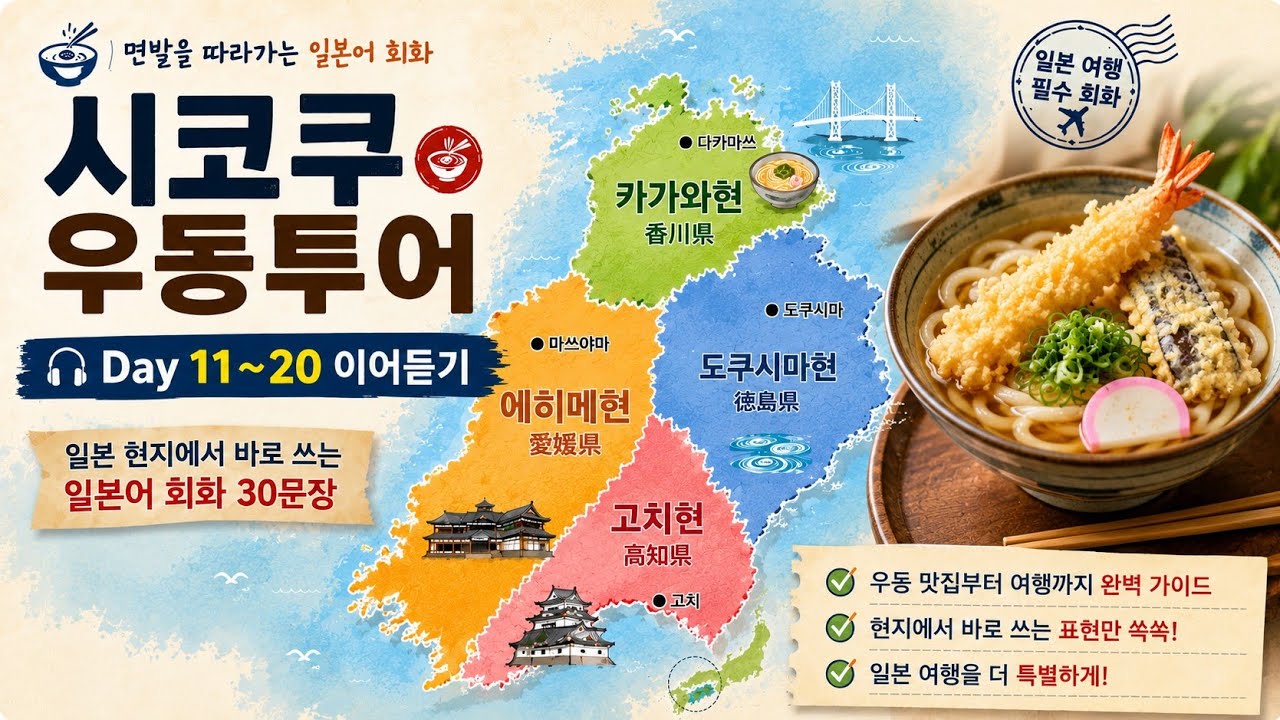 여행 일본어 필수 회화 이어듣기 | 시코쿠 우동투어 - 식당 및 관광지에서 꼭 쓰는 일본어 30문장 [Day11~20]