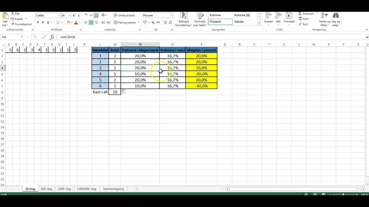 Simulering af terningkast i Excel