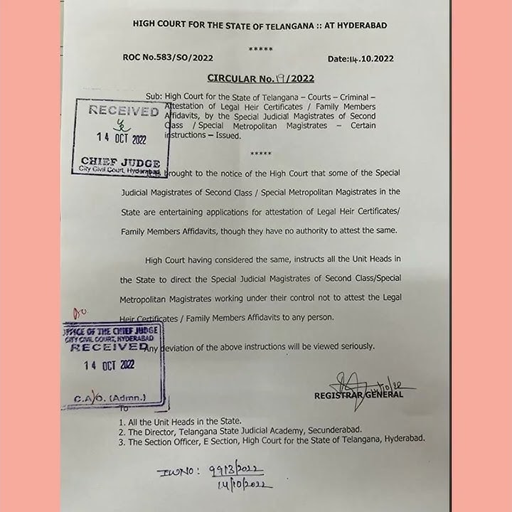 High Court Circular No.19/2022 for Legal Heir Certificate