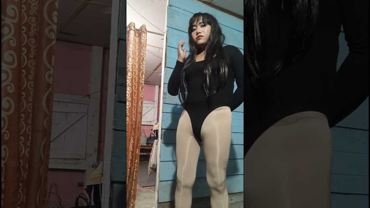 Crossdresser in black bodysuit nude tights