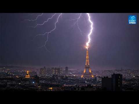 Lightning Strikes Eiffel Tower as Record Heatwave Grips France