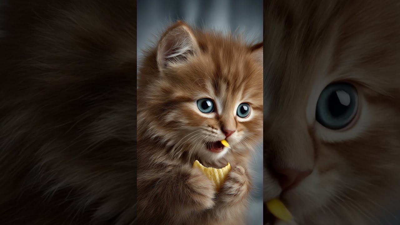 Adorable Fluffy Kitten Enjoys Crunchy Potato Chip in Ultra-Realistic ASMR Close-Up 