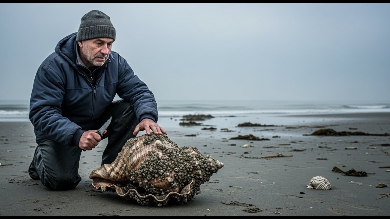 Un pescar găsește o scoică uriașă pe plajă — ceva îi spune să o spargă…