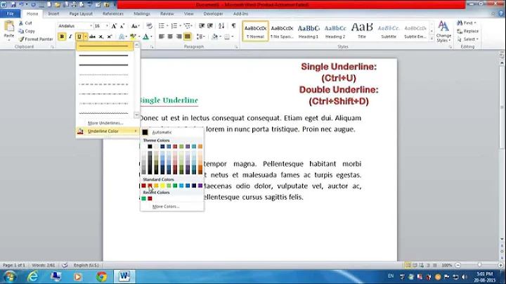 Shortcut for Single or Double Underline in MS Word