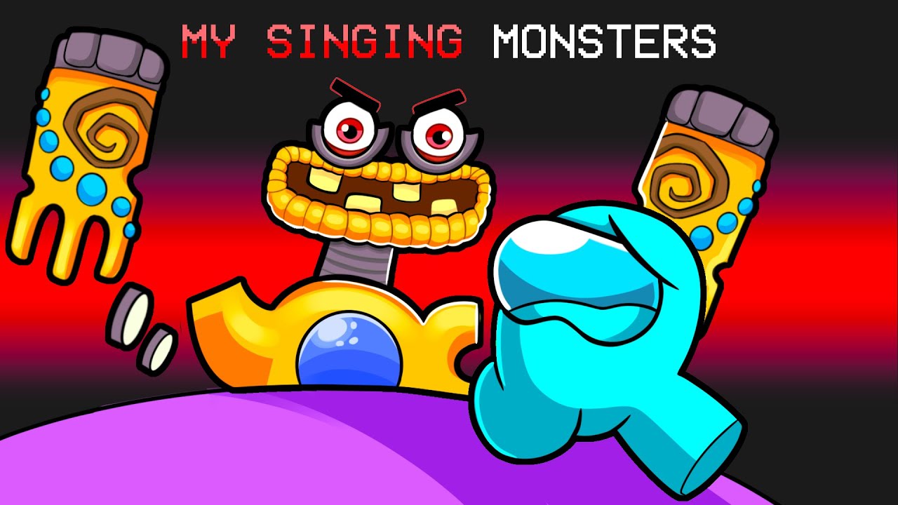 among us character in a my singing monsters map with a roblox man