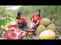 Durian fruit and Pork salad cooking with Chili sauce for food near river - Survival cooking