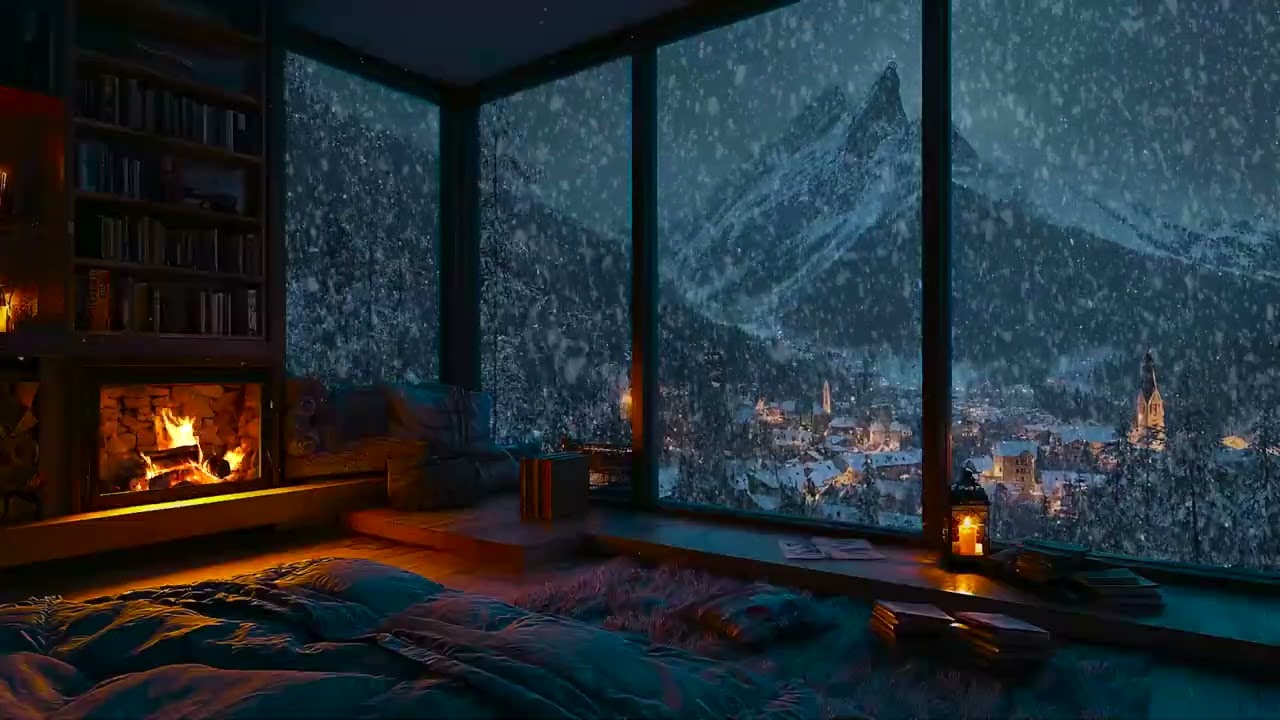 Cozy Snowy Cabin Night: Soft Fireplace Crackles & Falling Snow for Deep Sleep, Study and Relaxation