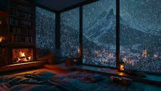 Cozy Snowy Cabin Night: Soft Fireplace Crackles & Falling Snow for Deep Sleep, Study and Relaxation