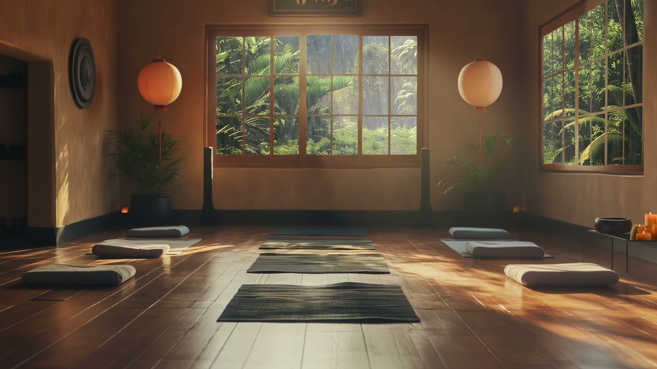 Relaxing in a Yoga Studio with zen music and peaceful rain. 