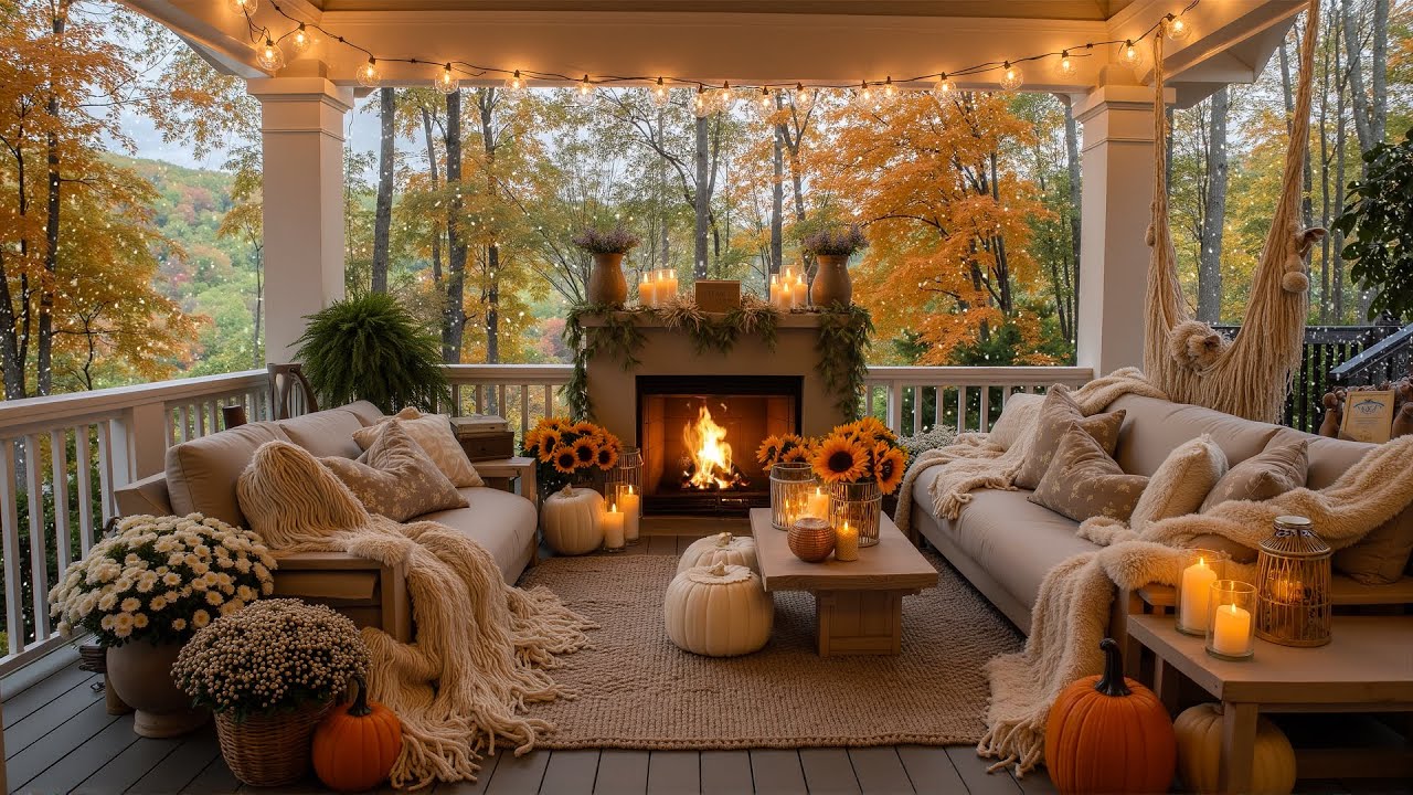 Cozy Winter Morning Ambience 🍁 Rustic Porch Fireplace with Fall Leaves & Candlelight for Start a Day