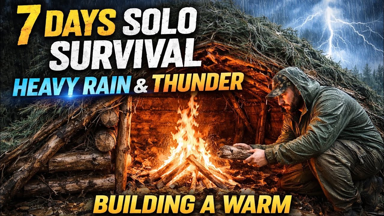 7 Days Solo Survival Camping in HEAVY RAIN & THUNDER - Building a Warm ...