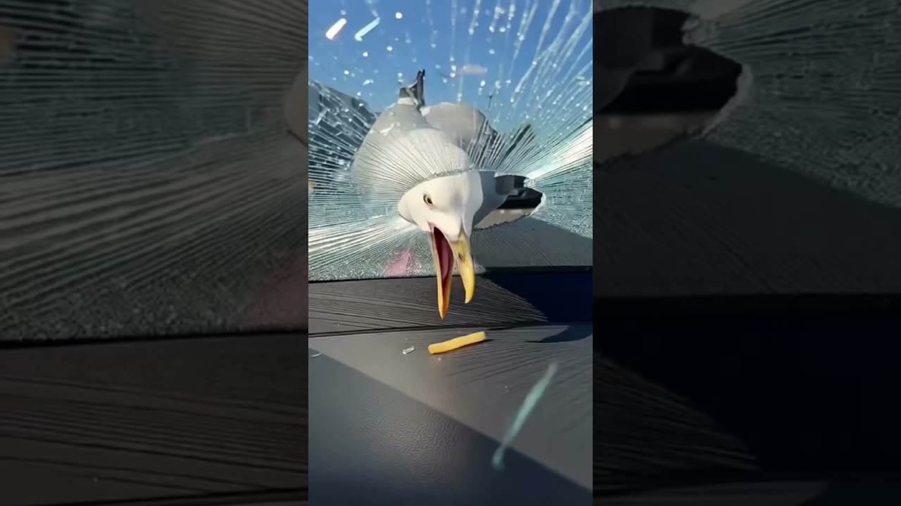 Seagull SMASH! Bird Breaks Windshield for  Single French Fry!