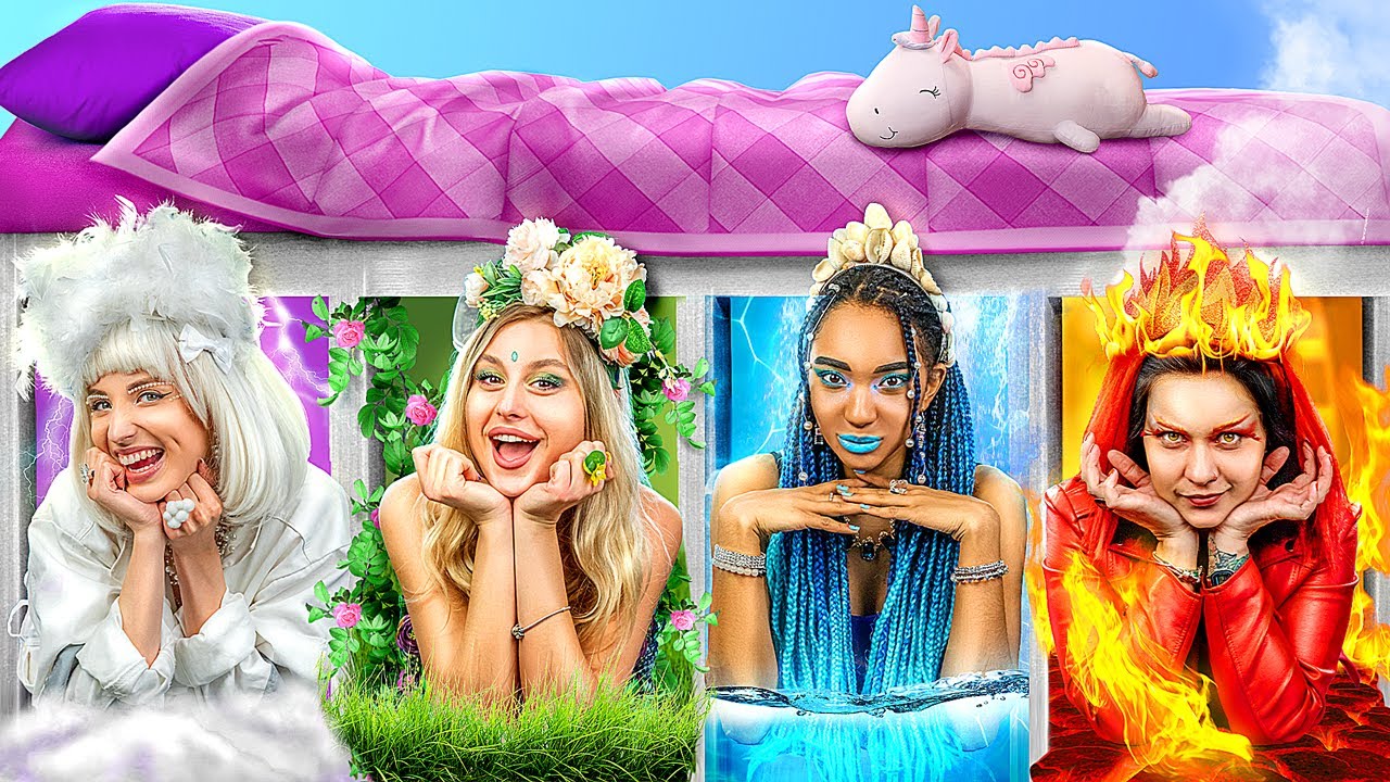 ⁣Four Elements In Secret Rooms Under The Bed! Fire Girl, Water Girl, Air Girl and Earth Girl!