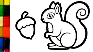 Squirrel Eats Acorn Picture Drawing, Paniting and Colouring for kids & Toddlers