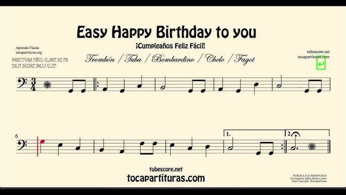 Happy Birthday To You Easy Sheet Music For Trombone Cello Tuba Basson And Cello Youtube