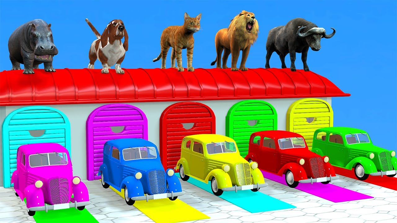 Длинная горка с коровой, слоном, гориллой, бегемотом, тигром - 3D-игра с животными - Забавные 3D-...