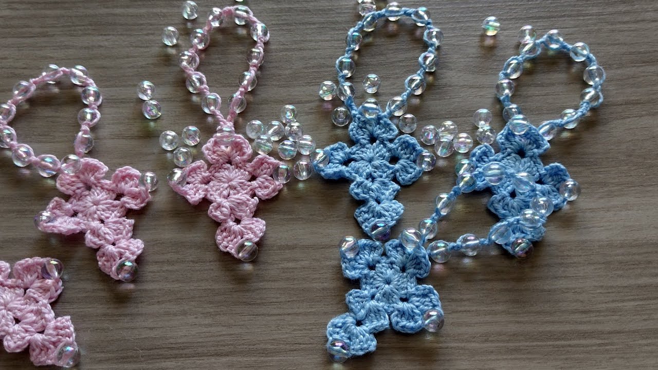 CRUCIFIXO DE CROCHE COM DEZENA PARA LEMBRANCINHA DE BATIZADO...