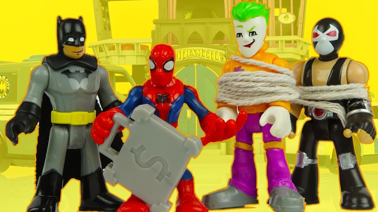 SPIDERMAN saves BATMAN from JOKER & BANE spiderman toys superhero toys