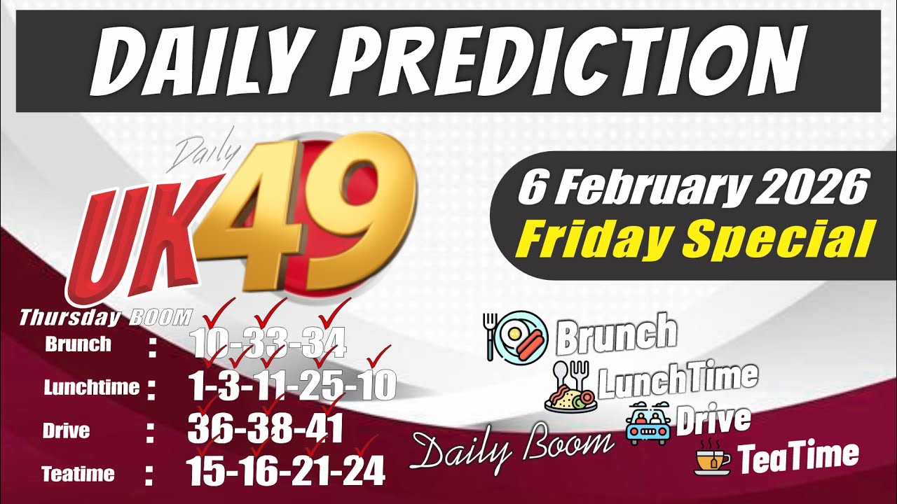 Uk49s Brunchtime Lunchtime Prediction 6 February 2026 | Uk49s DriveTime Teatime Prediction For today