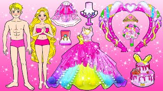 [paper Diy] Pink Rapunzel Vs Ken Rainbow Decorate Wedding Dress Up | Rapunzel Compilation 놀이 종이