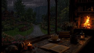 Warm Spring Rain on Window(No Ads)🔥🌧️Peaceful Rain &Fireplace Sounds for Sleeping,Studying, Relaxing